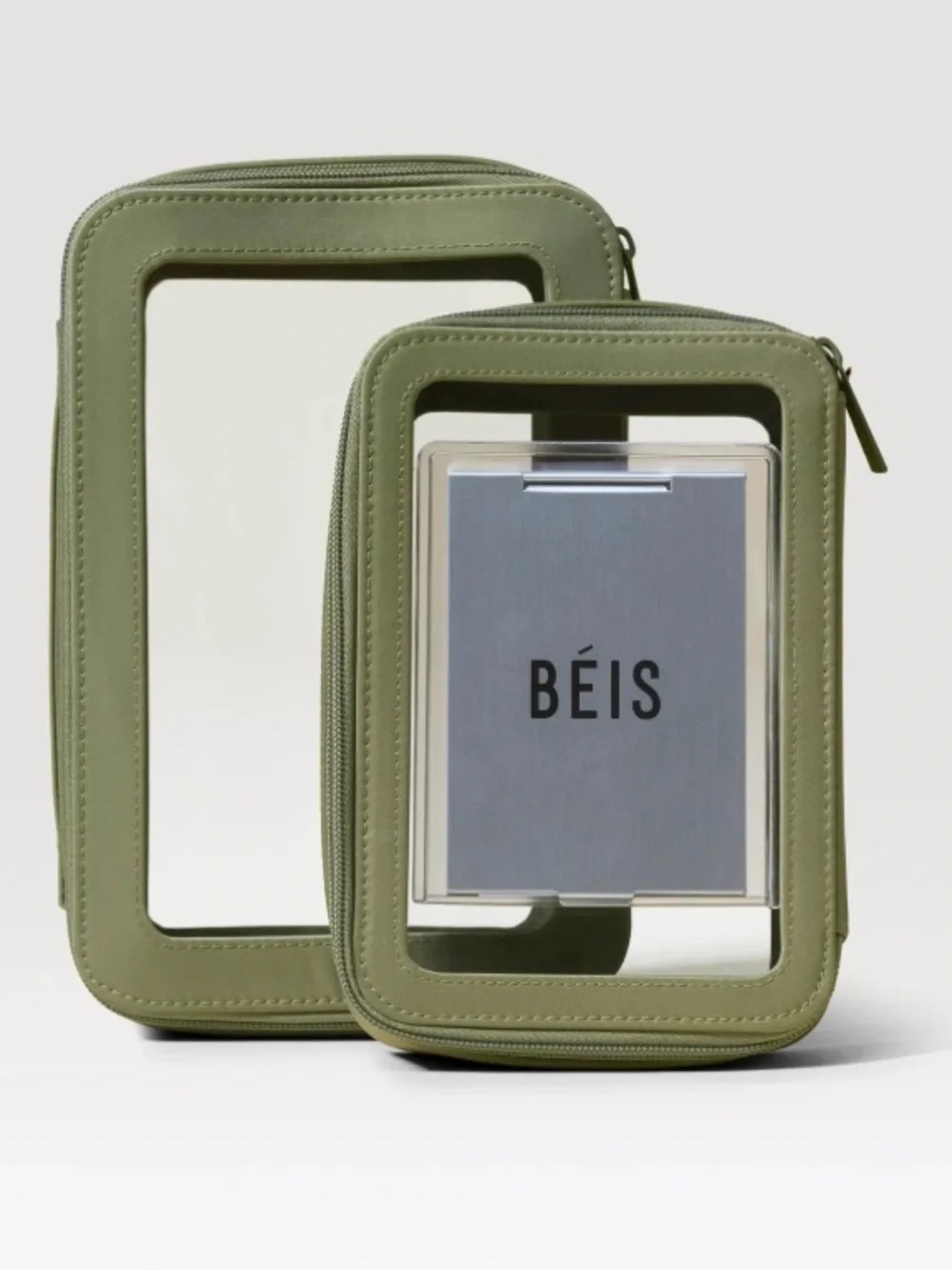 NWOT BEIS Olive Green Clear Window Travel Toiletry Cosmetic Bags Set with Mirror